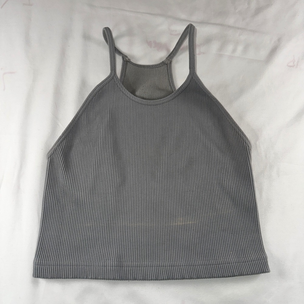 Free People Movement Happiness Runs Ribbed‎ Crop Tank Top Grey High Neck Halter